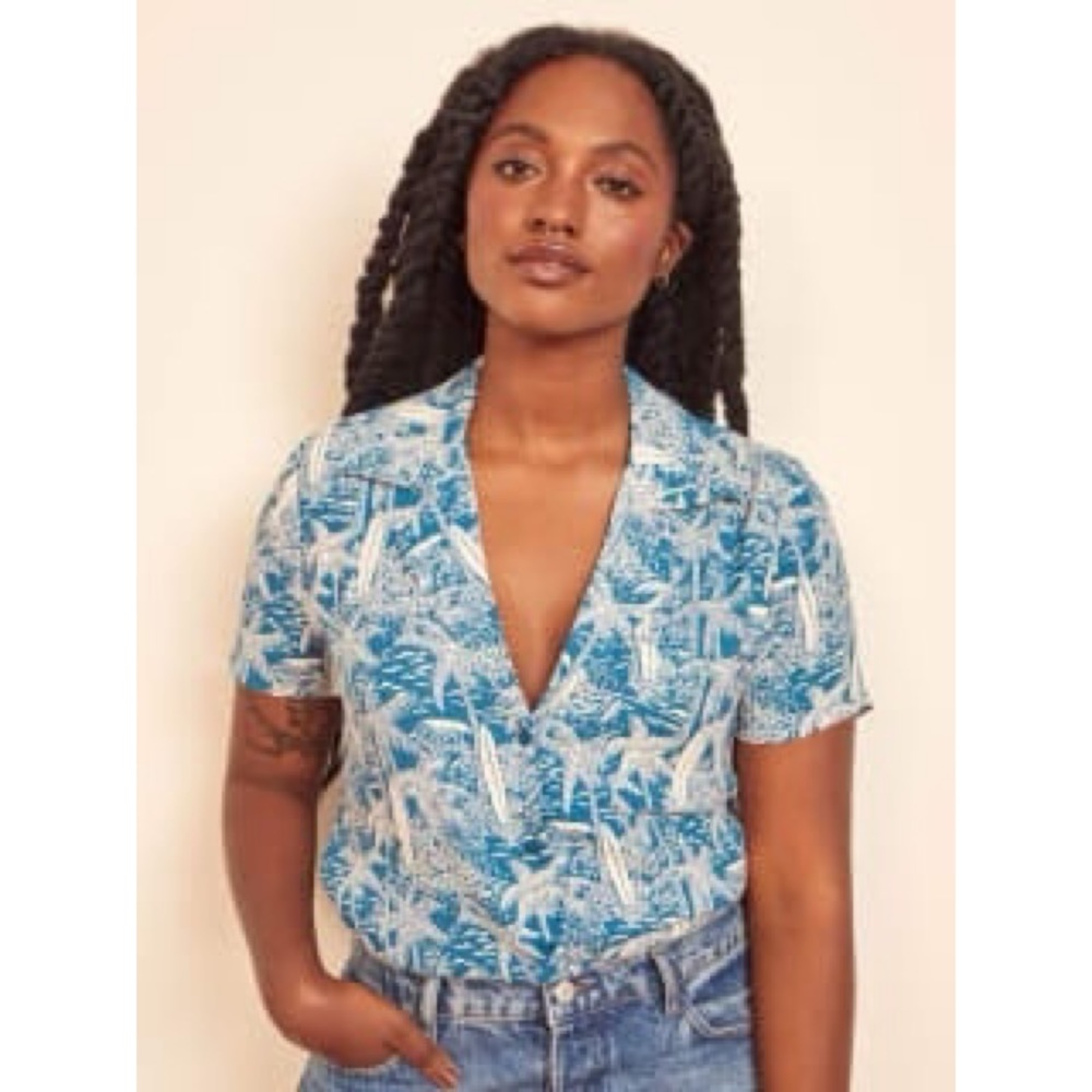 Reformation Blue and White Button Down Shirt